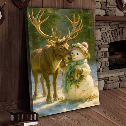 Reindeer and Snowman Friends Christmas Canvas Wall Art, Whimsical Winter Forest Holiday Print, Cozy Woodland Farmhouse C