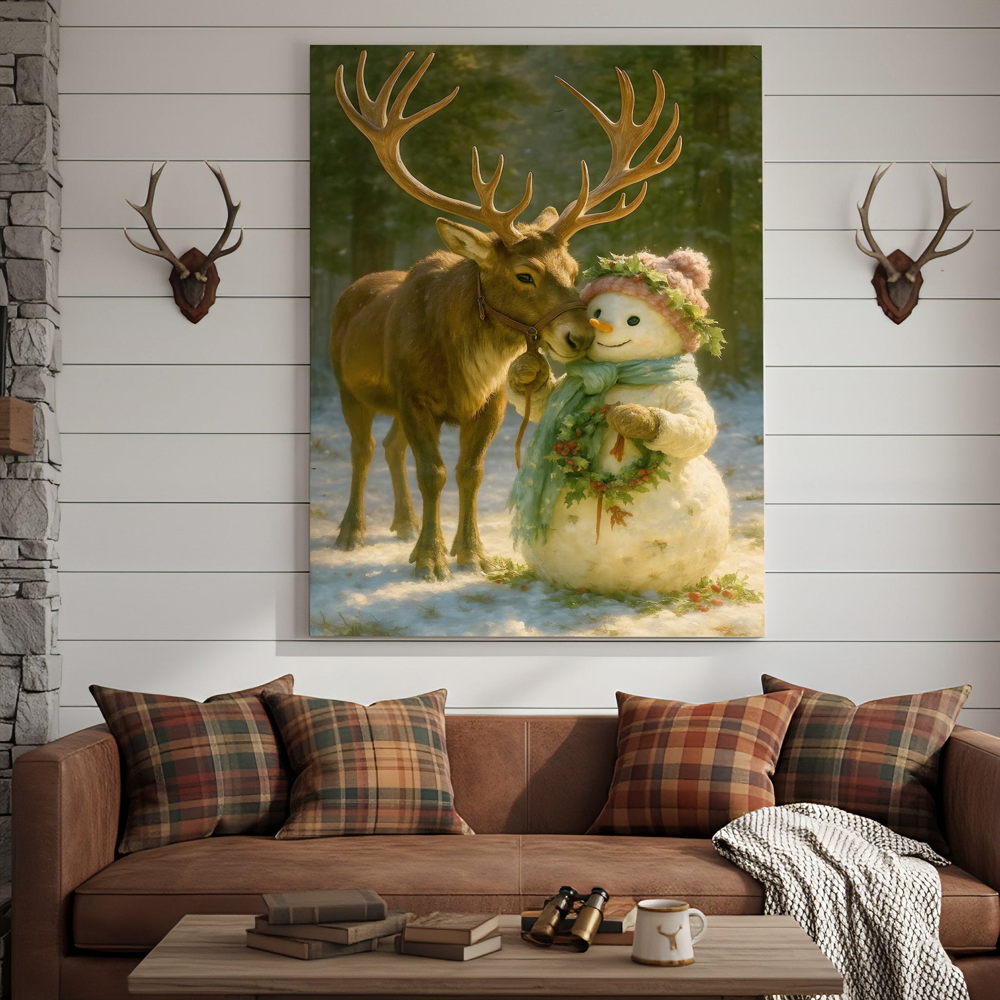 Reindeer and Snowman Friends Christmas Canvas Wall Art, Whimsical Winter Forest Holiday Print, Cozy Woodland Farmhouse C