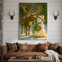 Reindeer and Snowman Friends Christmas Canvas Wall Art, Whimsical Winter Forest Holiday Print, Cozy Woodland Farmhouse C