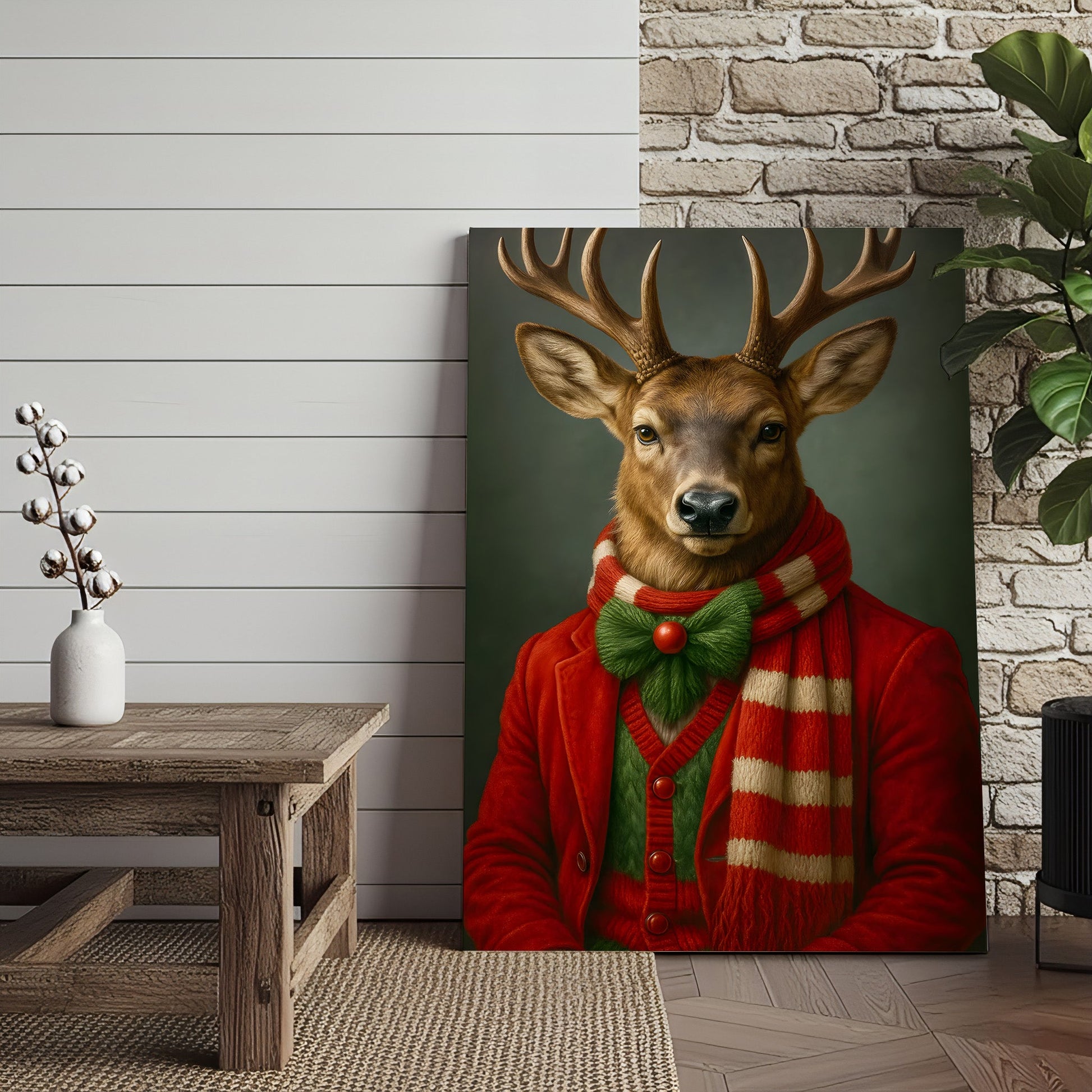 Christmas Deer Portrait Wall Art Canvas – Elegant Holiday Decor, Perfect Gift for Wildlife Lovers