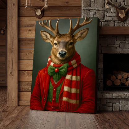Christmas Deer Portrait Wall Art Canvas – Elegant Holiday Decor, Perfect Gift for Wildlife Lovers