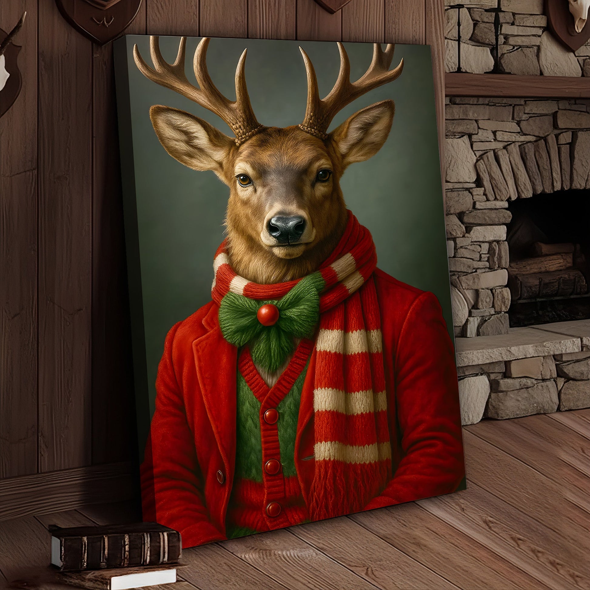 Christmas Deer Portrait Wall Art Canvas – Elegant Holiday Decor, Perfect Gift for Wildlife Lovers