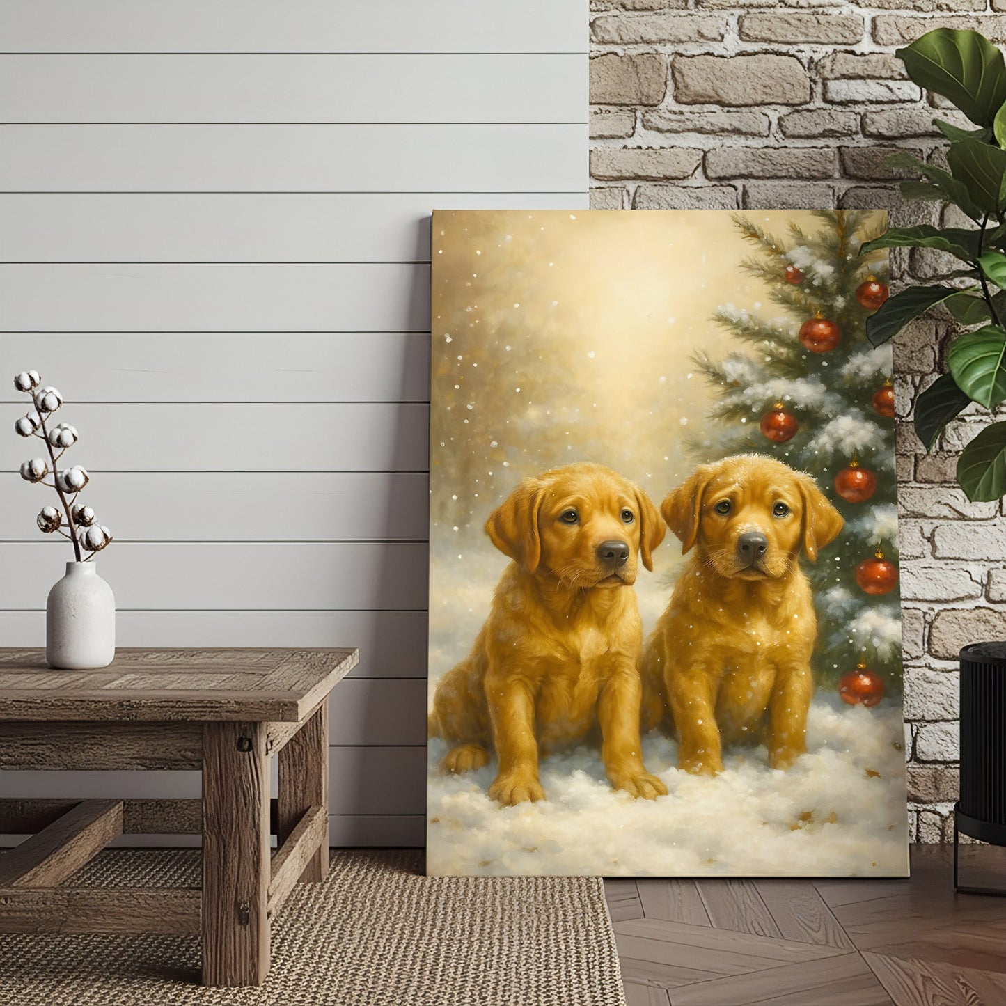 Christmas Golden Puppies Canvas Wall Art – Cute Labrador Dog Holiday Canvas Print, Winter Pet Wall Decor Gift