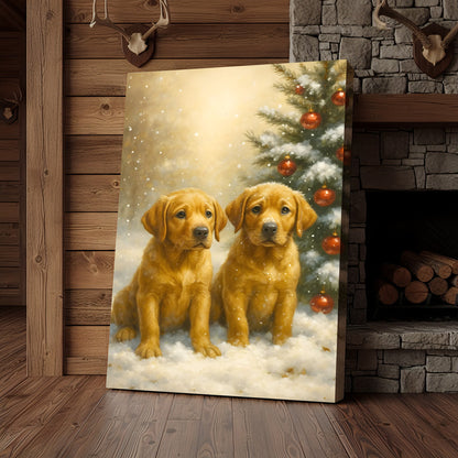 Christmas Golden Puppies Canvas Wall Art – Cute Labrador Dog Holiday Canvas Print, Winter Pet Wall Decor Gift