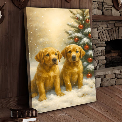 Christmas Golden Puppies Canvas Wall Art – Cute Labrador Dog Holiday Canvas Print, Winter Pet Wall Decor Gift