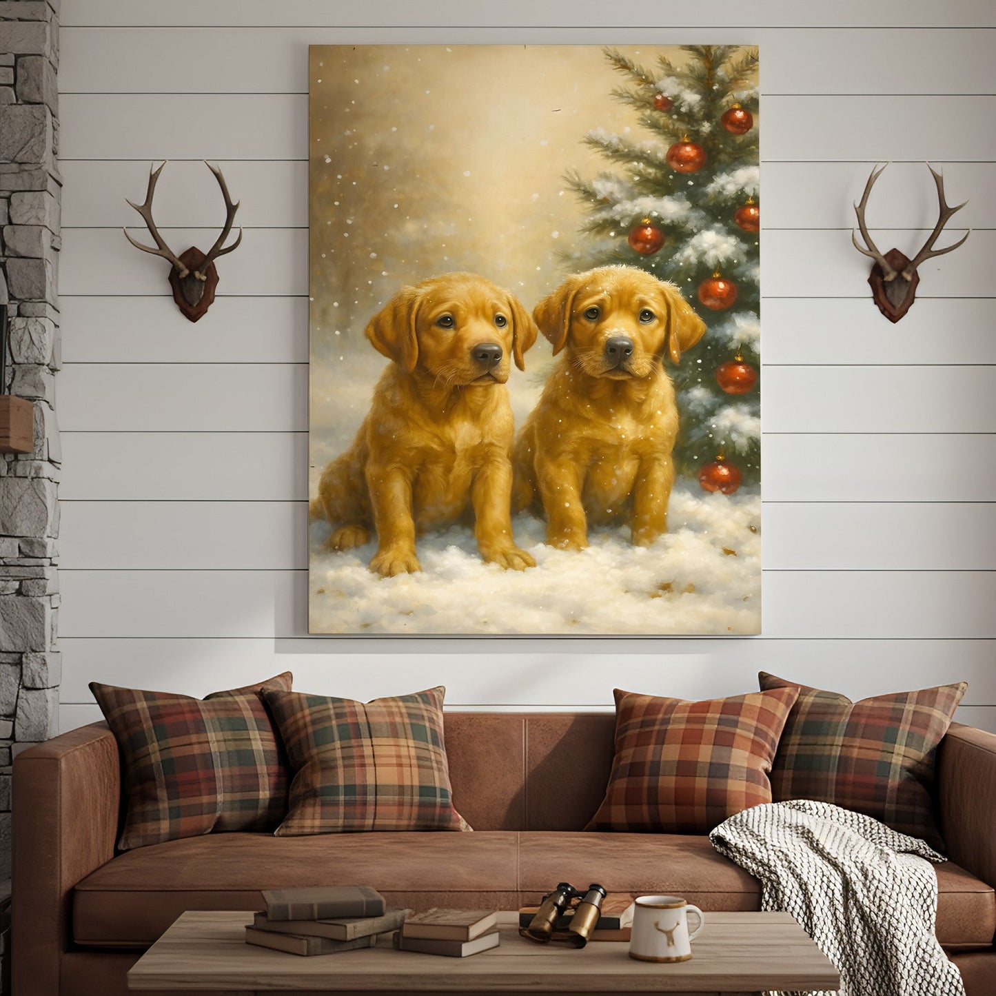 Christmas Golden Puppies Canvas Wall Art – Cute Labrador Dog Holiday Canvas Print, Winter Pet Wall Decor Gift