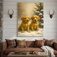 Christmas Golden Puppies Canvas Wall Art – Cute Labrador Dog Holiday Canvas Print, Winter Pet Wall Decor Gift