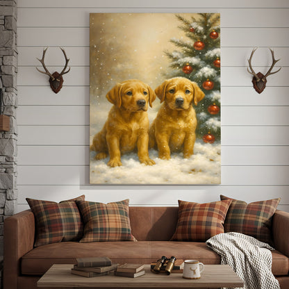 Christmas Golden Puppies Canvas Wall Art – Cute Labrador Dog Holiday Canvas Print, Winter Pet Wall Decor Gift