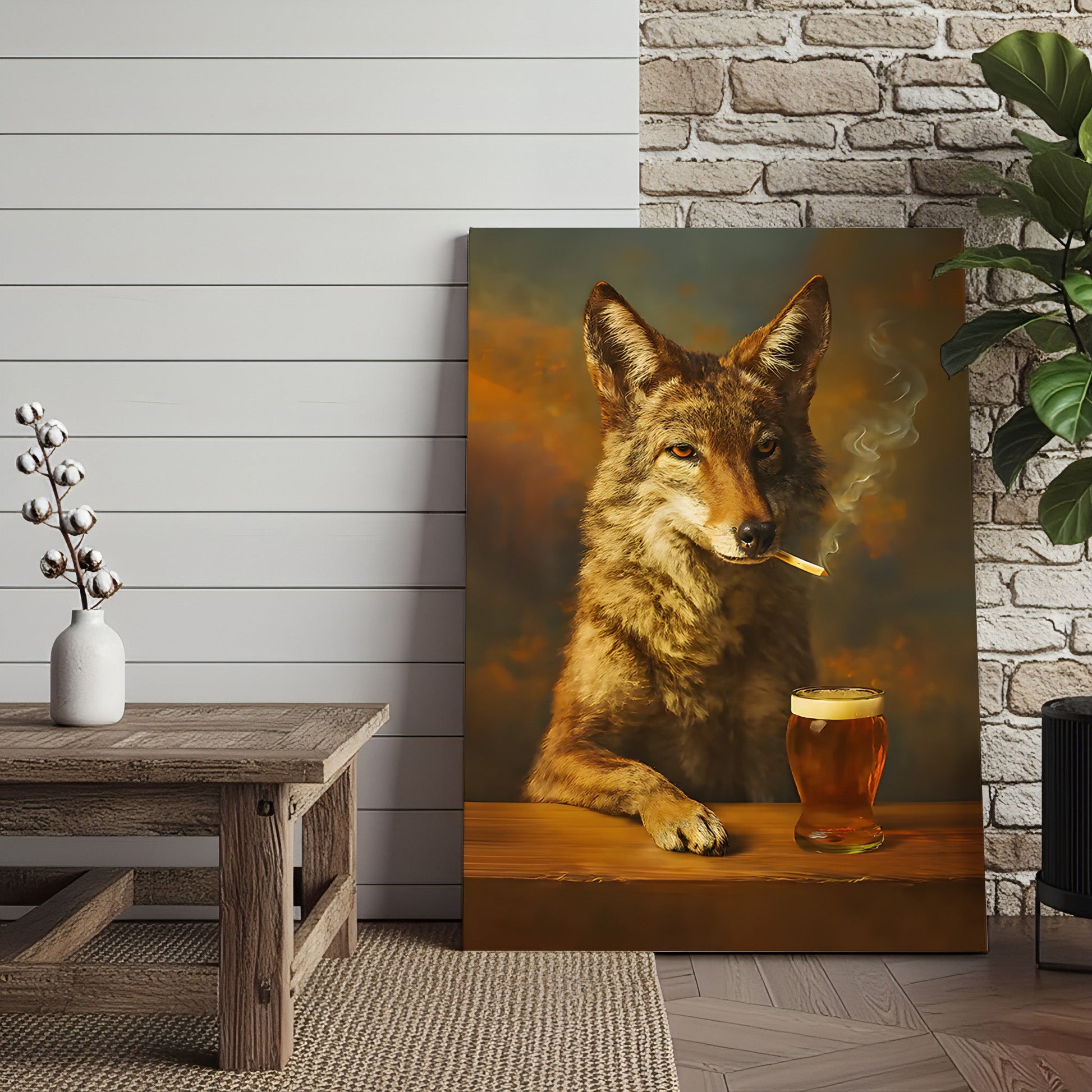 Smoking Wolf Coyote with Cocktail Glasses Canvas – Funny Hunting Wall Art for Man Caves - Hilarious Gift for Outdoorsmen