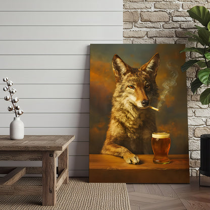 Smoking Wolf Coyote with Cocktail Glasses Canvas – Funny Hunting Wall Art for Man Caves - Hilarious Gift for Outdoorsmen
