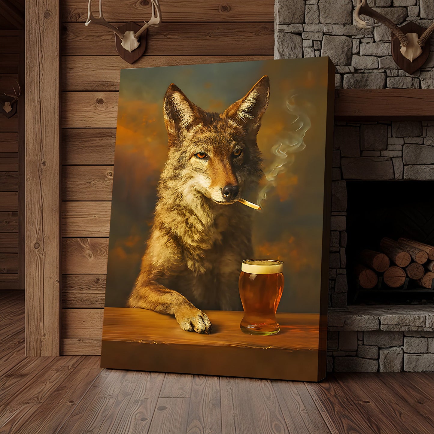 Smoking Wolf Coyote with Cocktail Glasses Canvas – Funny Hunting Wall Art for Man Caves - Hilarious Gift for Outdoorsmen