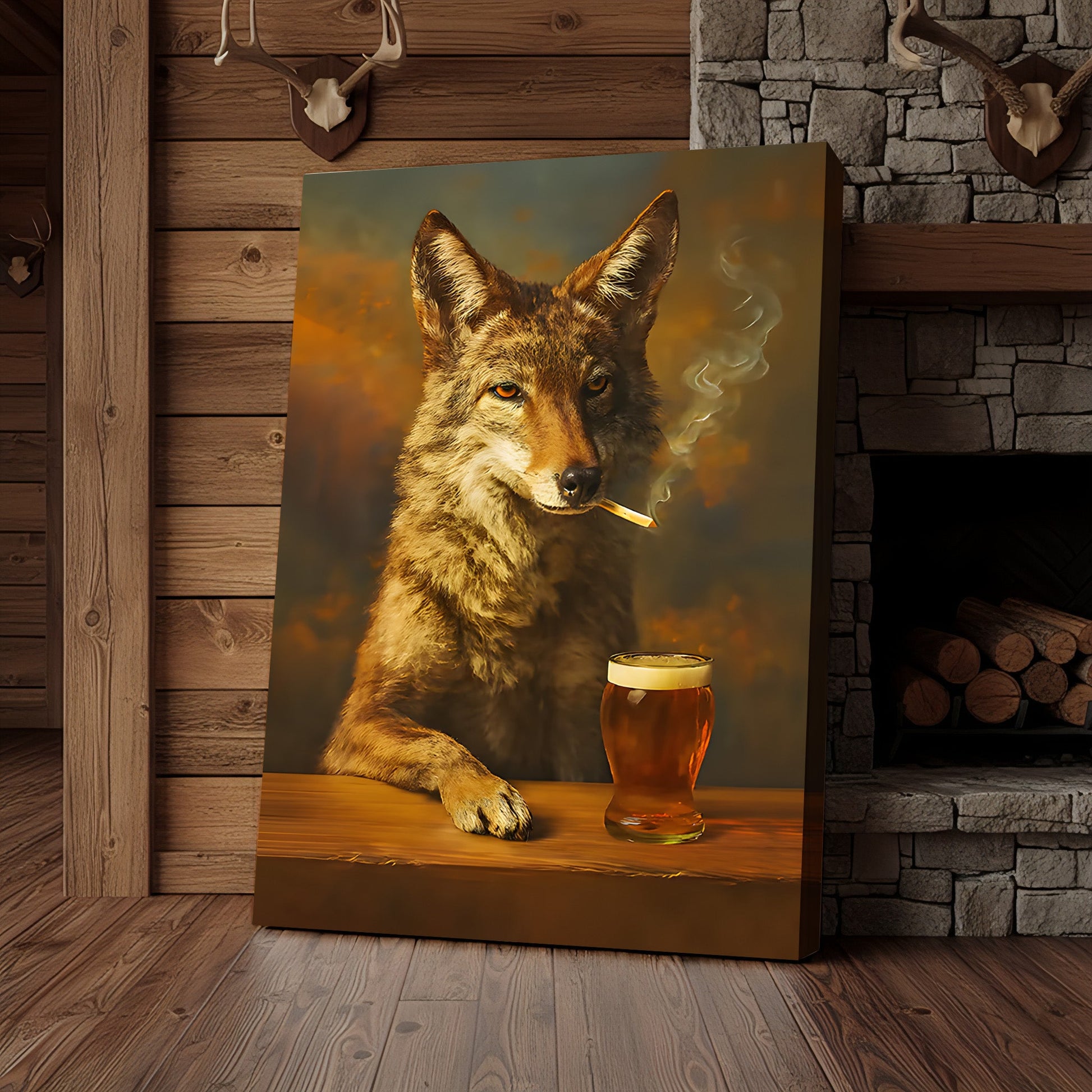 Smoking Wolf Coyote with Cocktail Glasses Canvas – Funny Hunting Wall Art for Man Caves - Hilarious Gift for Outdoorsmen
