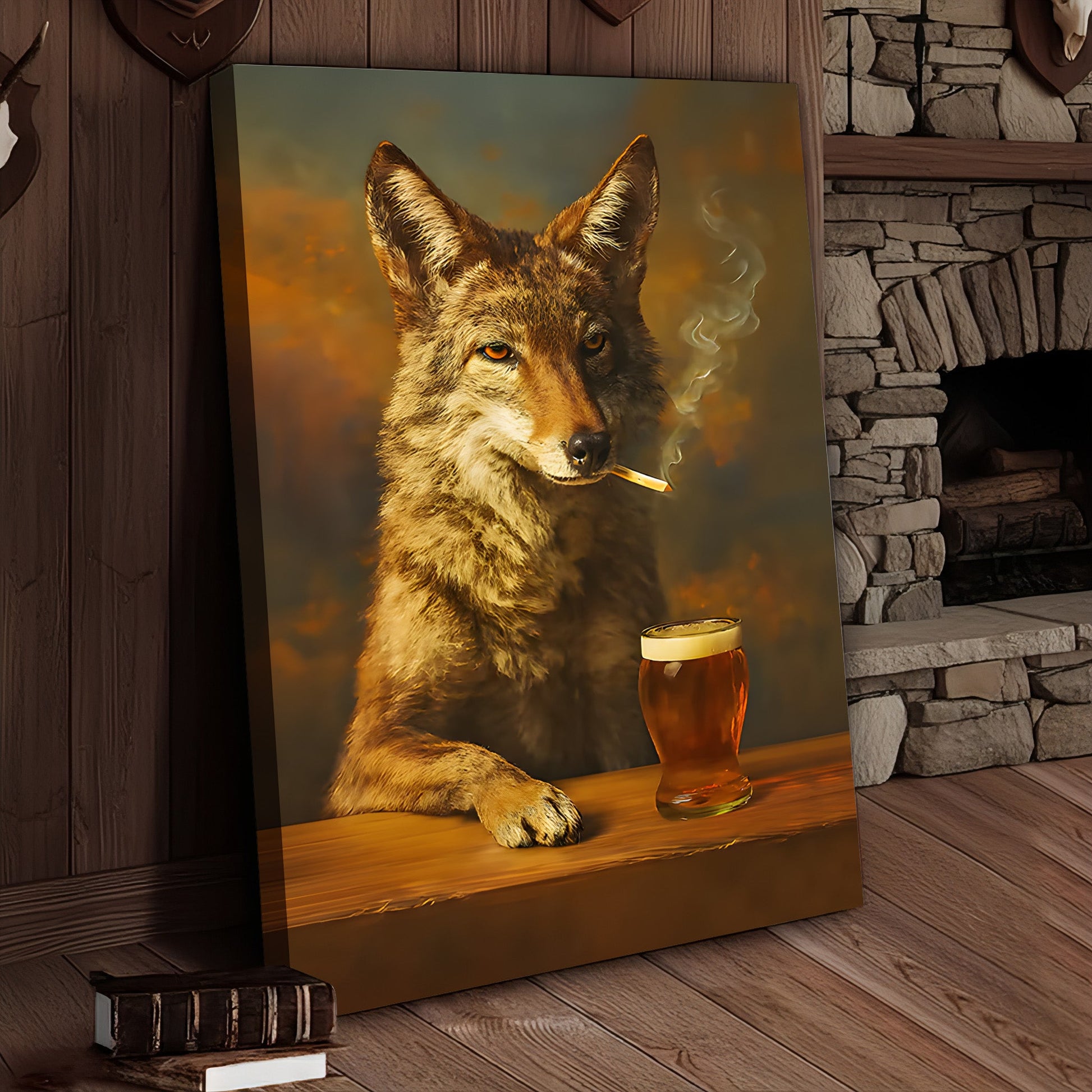 Smoking Wolf Coyote with Cocktail Glasses Canvas – Funny Hunting Wall Art for Man Caves - Hilarious Gift for Outdoorsmen