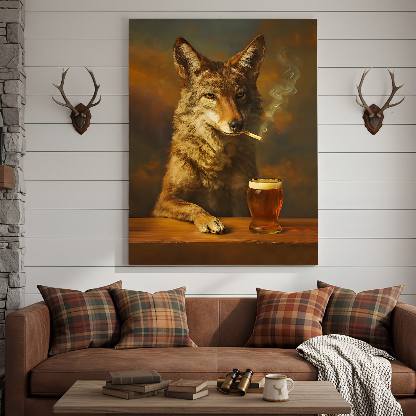 Smoking Wolf Coyote with Cocktail Glasses Canvas – Funny Hunting Wall Art for Man Caves - Hilarious Gift for Outdoorsmen
