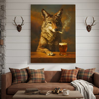 Smoking Wolf Coyote with Cocktail Glasses Canvas – Funny Hunting Wall Art for Man Caves - Hilarious Gift for Outdoorsmen