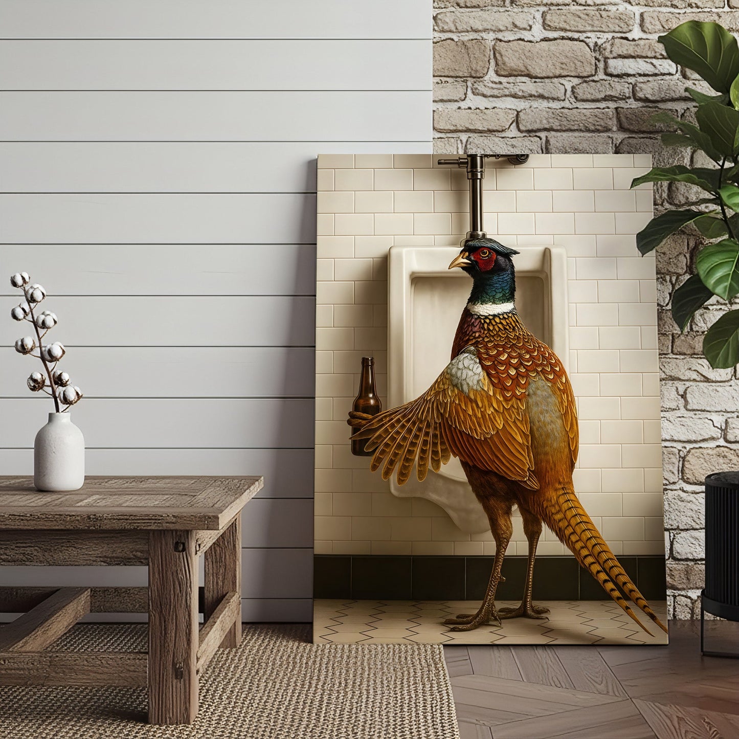 Funny Pheasant Canvas Wall Art – Hilarious Bathroom Humor Decor – Rustic Hunting Cabin Gag Gift – Quirky Lodge Animal Ar