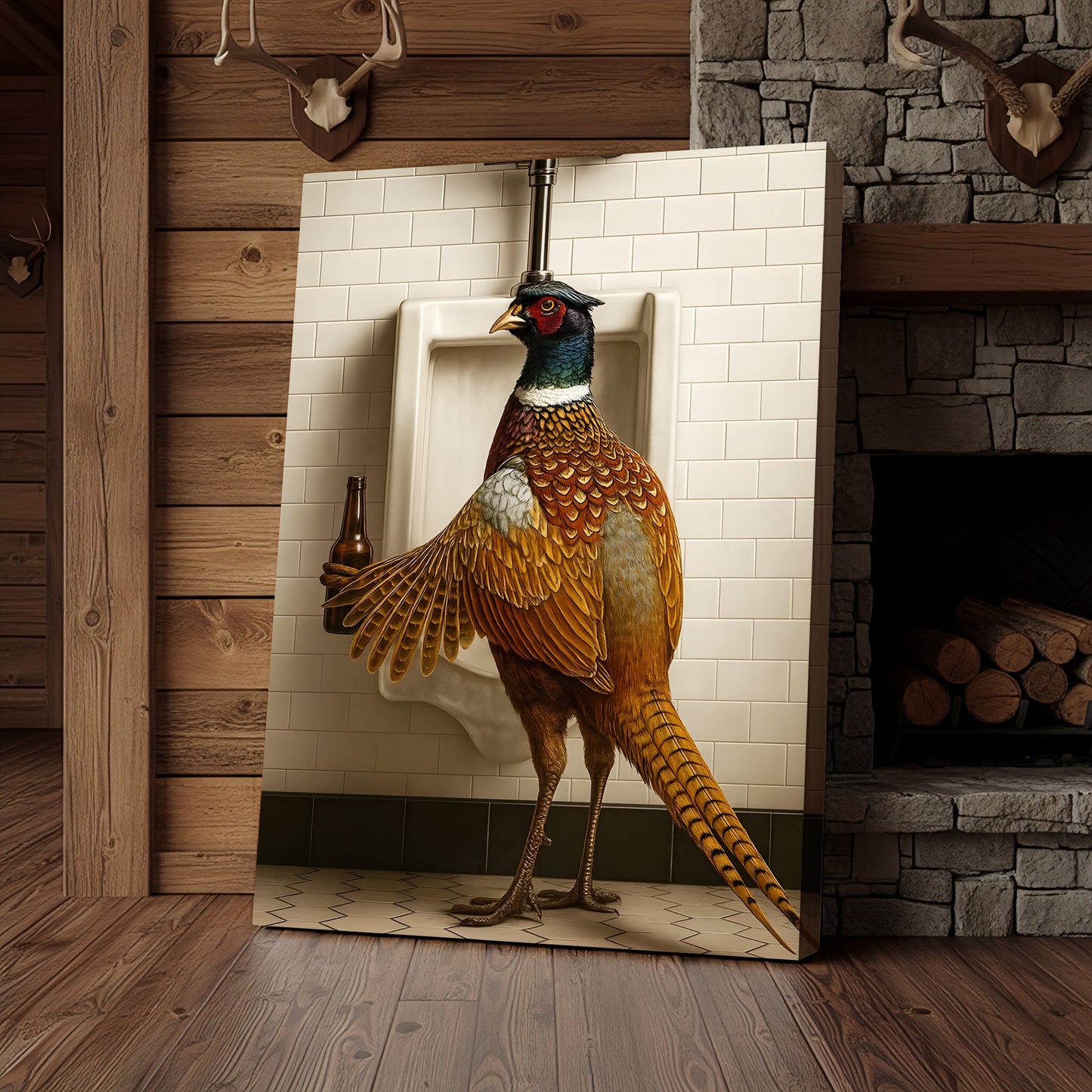 Funny Pheasant Canvas Wall Art – Hilarious Bathroom Humor Decor – Rustic Hunting Cabin Gag Gift – Quirky Lodge Animal Ar