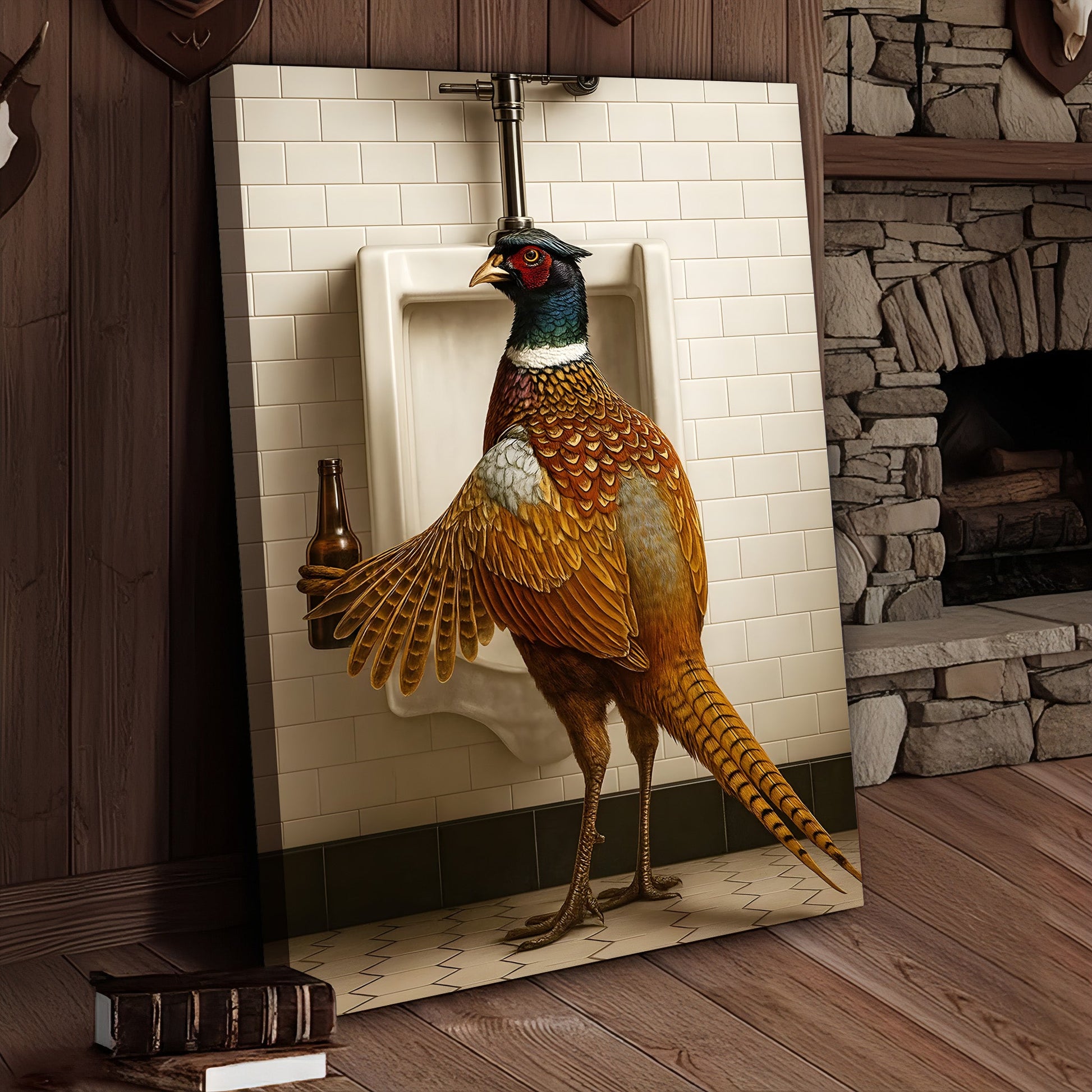 Funny Pheasant Canvas Wall Art – Hilarious Bathroom Humor Decor – Rustic Hunting Cabin Gag Gift – Quirky Lodge Animal Ar