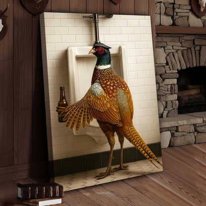 Funny Pheasant Canvas Wall Art – Hilarious Bathroom Humor Decor – Rustic Hunting Cabin Gag Gift – Quirky Lodge Animal Ar