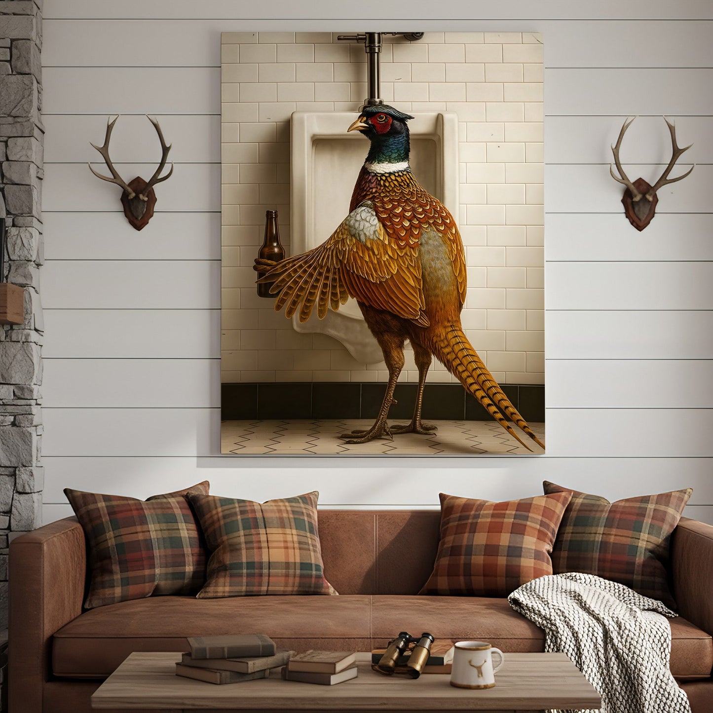 Funny Pheasant Canvas Wall Art – Hilarious Bathroom Humor Decor – Rustic Hunting Cabin Gag Gift – Quirky Lodge Animal Ar