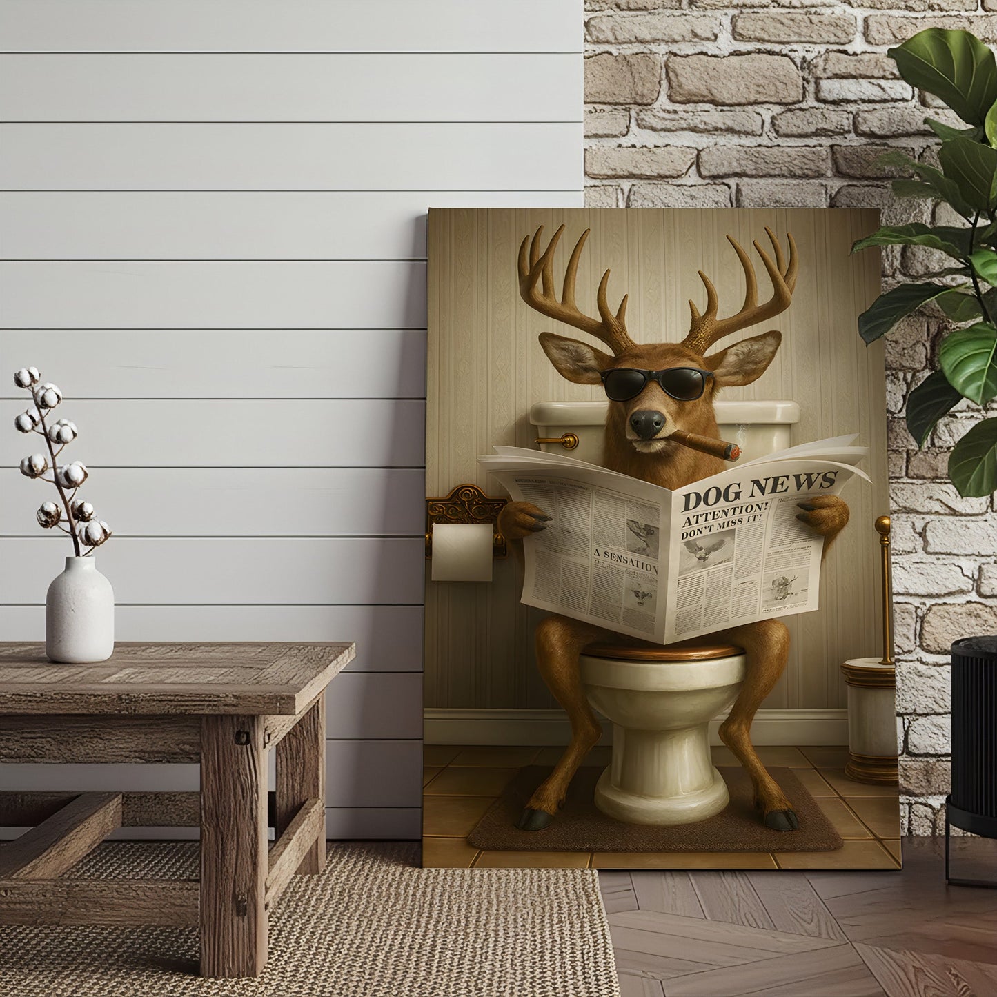 Funny Deer on Toilet Canvas – Hilarious Animal Art Print with SunGlasses and Smoking Reading Newspaper.