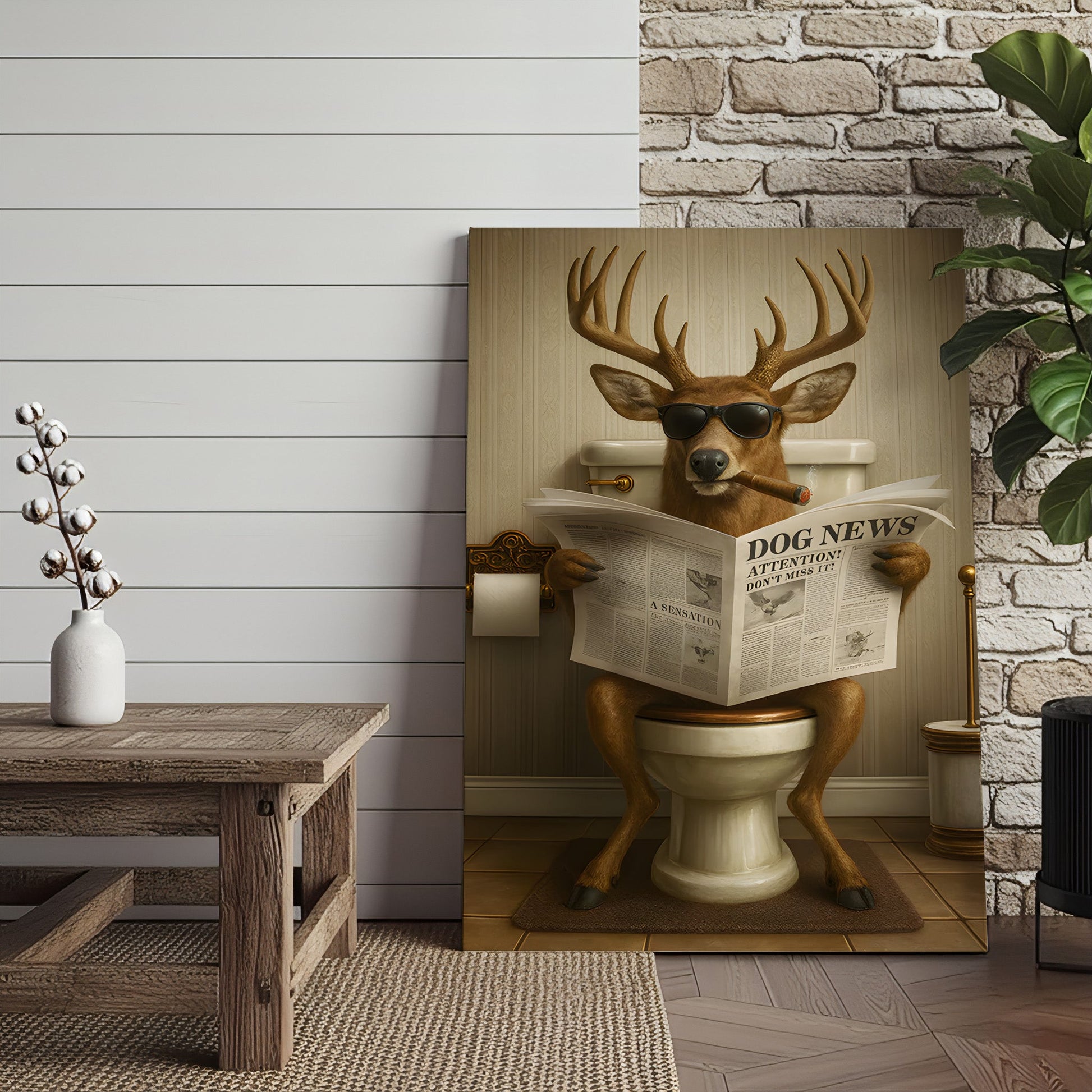 Funny Deer on Toilet Canvas – Hilarious Animal Art Print with SunGlasses and Smoking Reading Newspaper.
