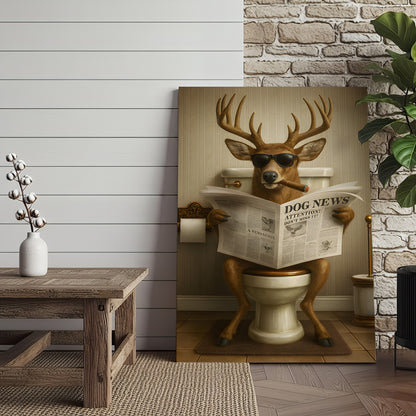 Funny Deer on Toilet Canvas – Hilarious Animal Art Print with SunGlasses and Smoking Reading Newspaper.