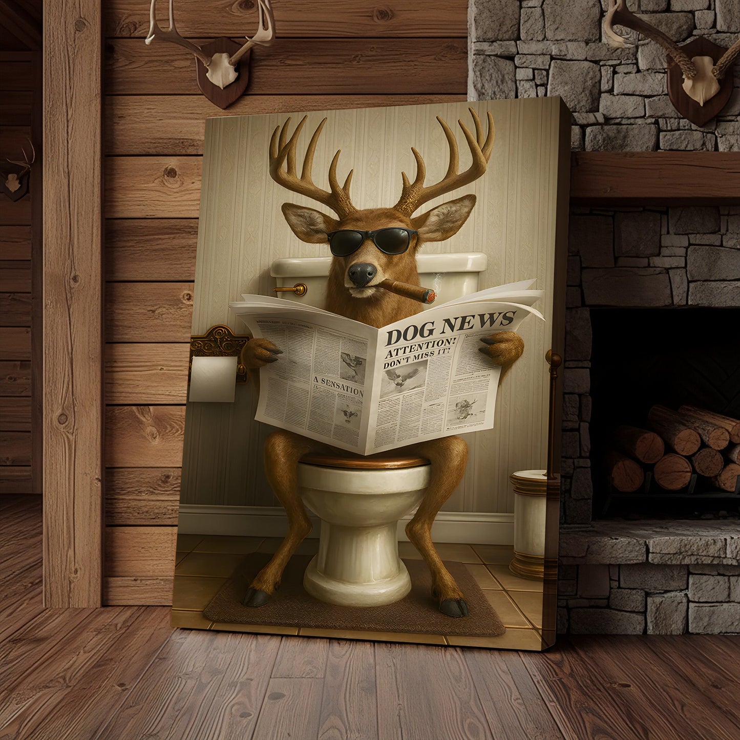 Funny Deer on Toilet Canvas – Hilarious Animal Art Print with SunGlasses and Smoking Reading Newspaper.