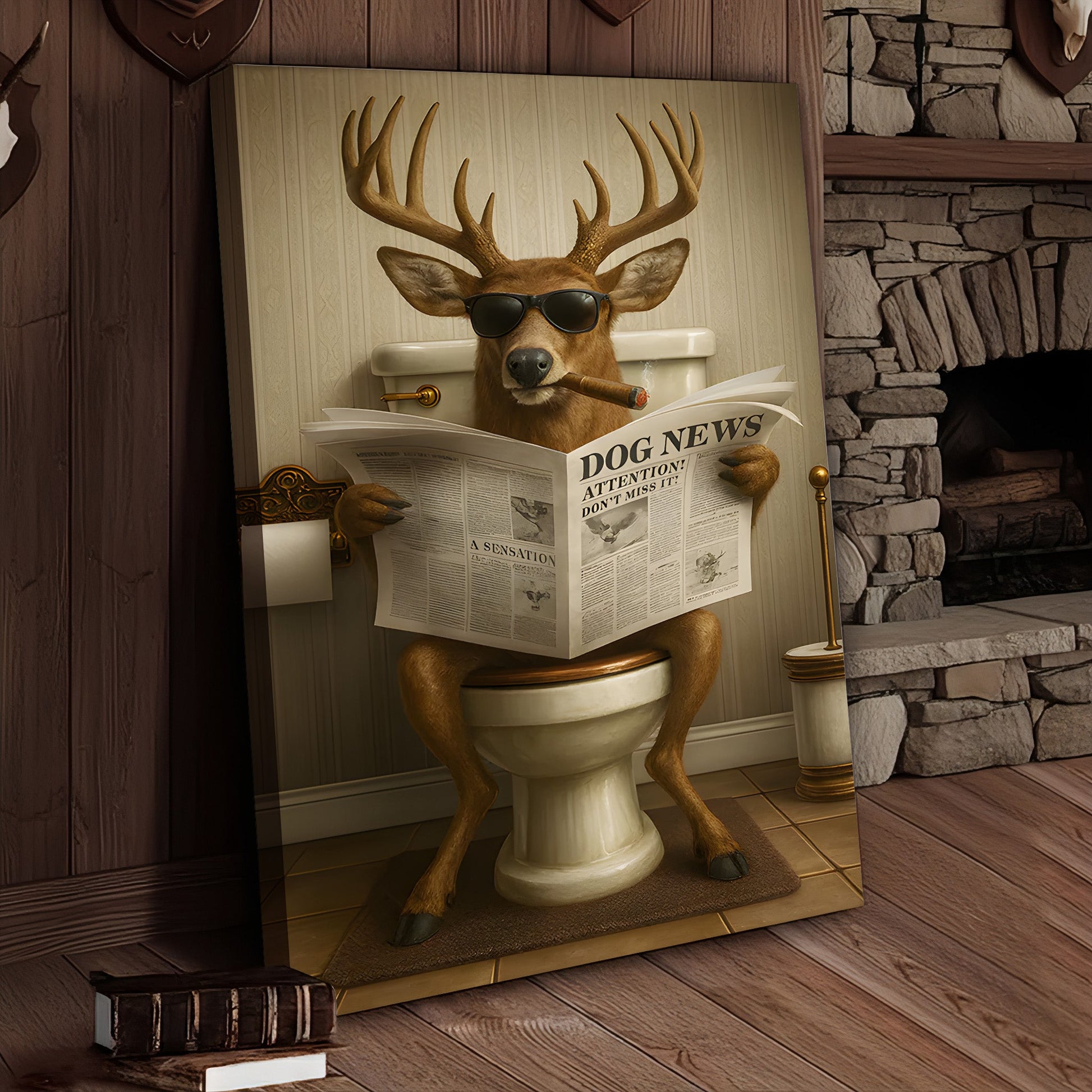 Funny Deer on Toilet Canvas – Hilarious Animal Art Print with SunGlasses and Smoking Reading Newspaper.