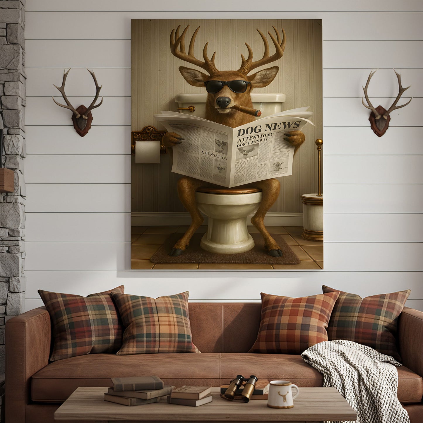Funny Deer on Toilet Canvas – Hilarious Animal Art Print with SunGlasses and Smoking Reading Newspaper.