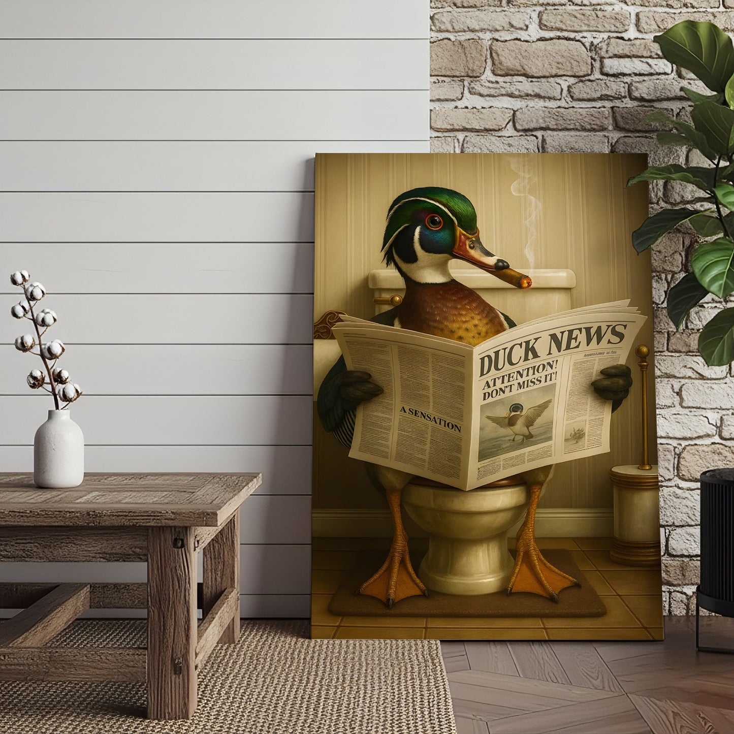 Funny Wood Duck Read Newspaper Bathroom Canvas – Hunting Wildlife Animal Poster - Unique Gift for Dad, Hunters