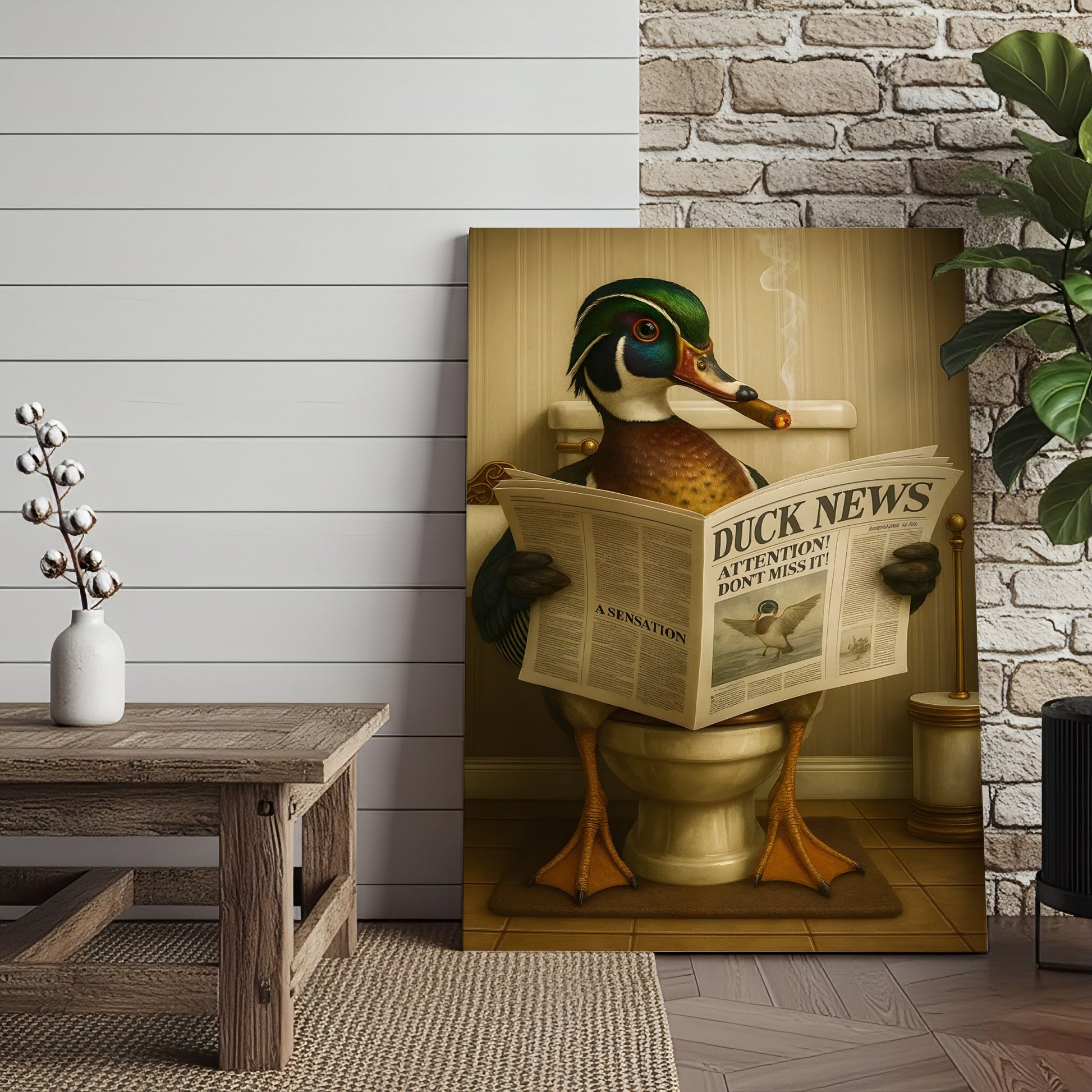 Funny Wood Duck Read Newspaper Bathroom Canvas – Hunting Wildlife Animal Poster - Unique Gift for Dad, Hunters