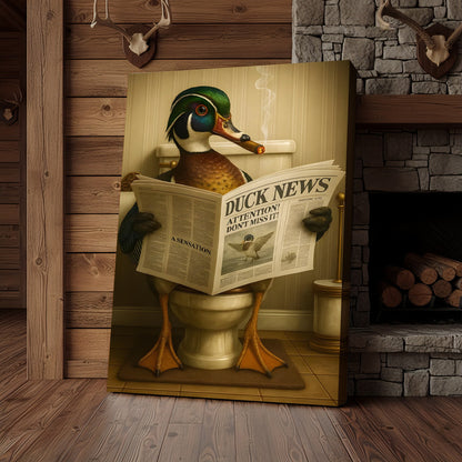 Funny Wood Duck Read Newspaper Bathroom Canvas – Hunting Wildlife Animal Poster - Unique Gift for Dad, Hunters
