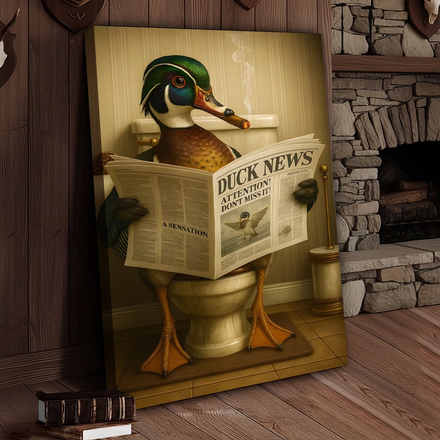 Funny Wood Duck Read Newspaper Bathroom Canvas – Hunting Wildlife Animal Poster - Unique Gift for Dad, Hunters