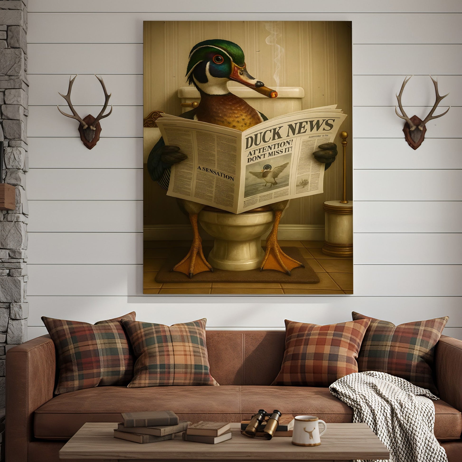 Funny Wood Duck Read Newspaper Bathroom Canvas – Hunting Wildlife Animal Poster - Unique Gift for Dad, Hunters
