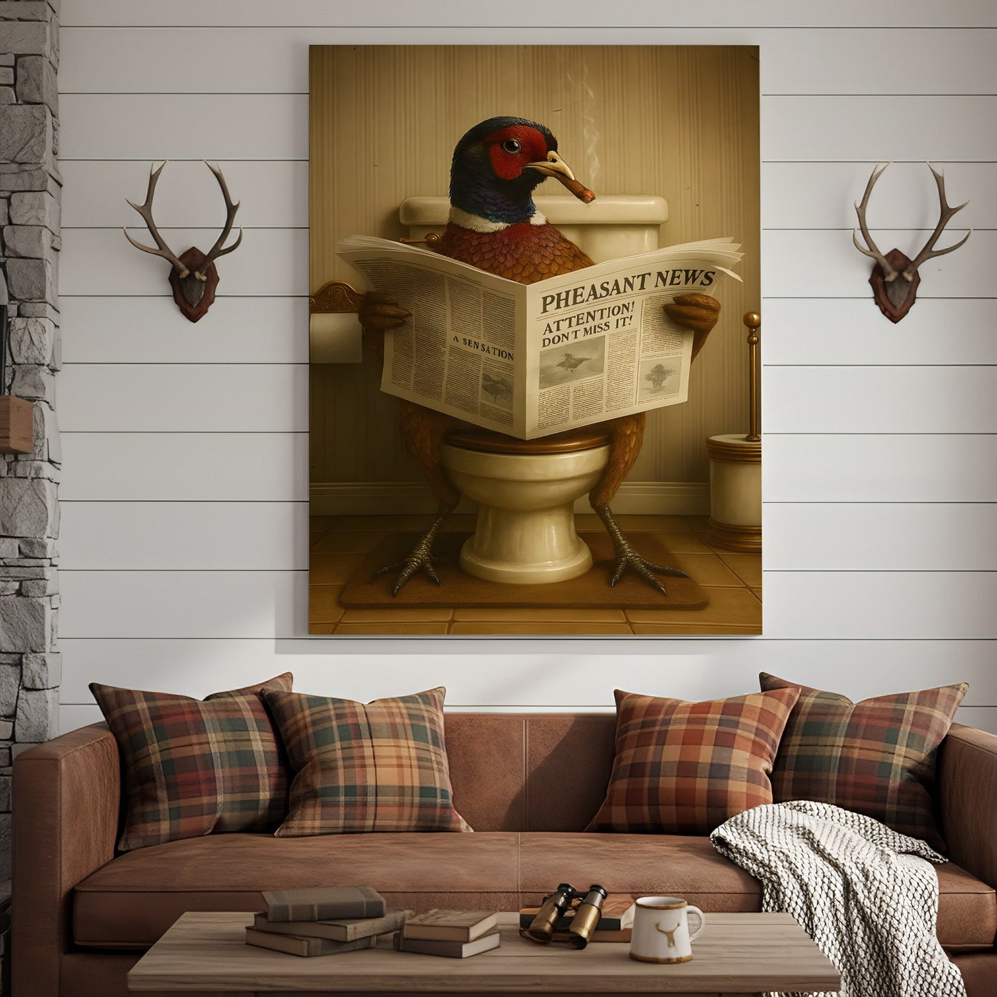 Phesan Reading News Smoking Bathroom Wall Art – Rustic Decor for Men, Hilarious Gift for Men, Hunter