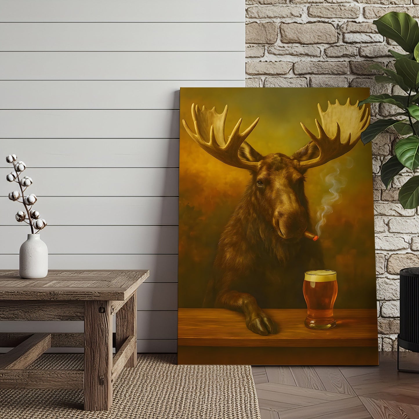 Moose Smoking & Drinking Canvas - Rustic Bar Wall Art Hunting Lodge & Man Cave Decor