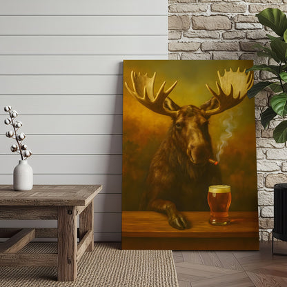 Moose Smoking & Drinking Canvas - Rustic Bar Wall Art Hunting Lodge & Man Cave Decor