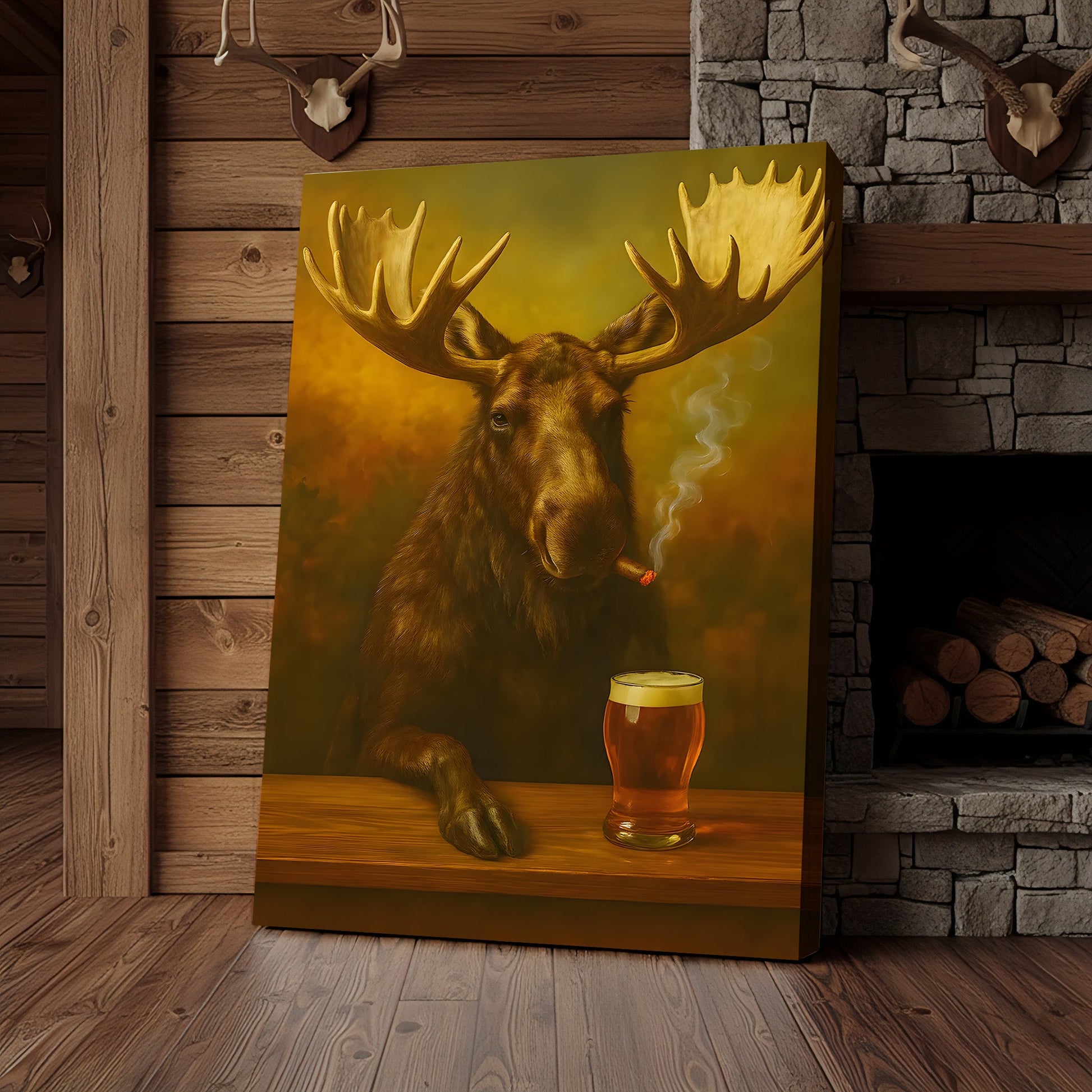Moose Smoking & Drinking Canvas - Rustic Bar Wall Art Hunting Lodge & Man Cave Decor