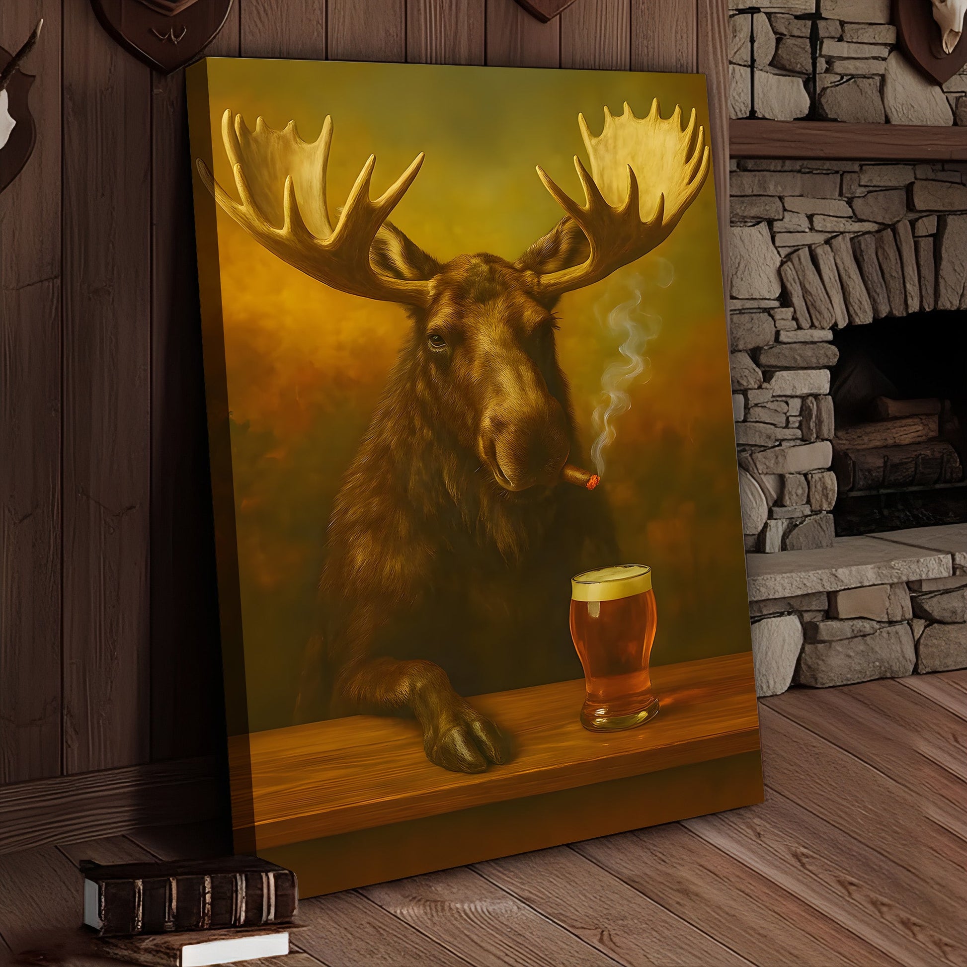 Moose Smoking & Drinking Canvas - Rustic Bar Wall Art Hunting Lodge & Man Cave Decor