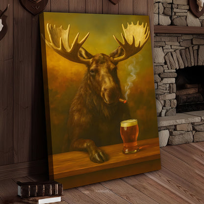 Moose Smoking & Drinking Canvas - Rustic Bar Wall Art Hunting Lodge & Man Cave Decor