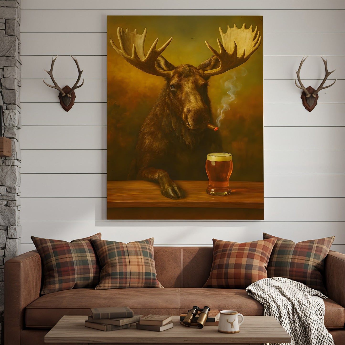 Moose Smoking & Drinking Canvas - Rustic Bar Wall Art Hunting Lodge & Man Cave Decor