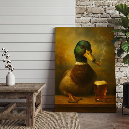 Funny Mallard Duck Smoking & Drinking Cocktail Glasses Canvas Wall Art - Rustic Hunting Perfect Gift for Hunters & Cockt