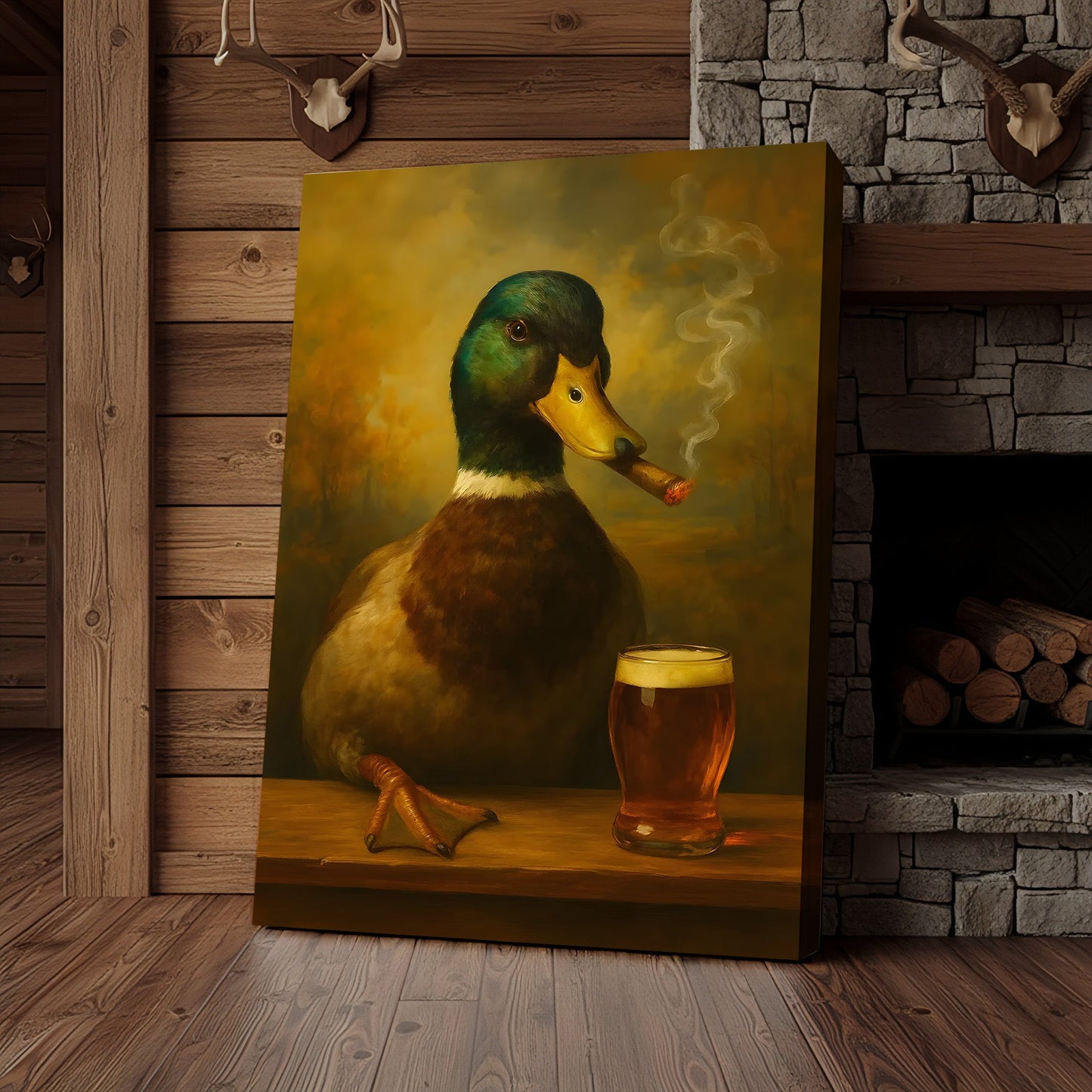 Funny Mallard Duck Smoking & Drinking Cocktail Glasses Canvas Wall Art - Rustic Hunting Perfect Gift for Hunters & Cockt