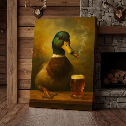Funny Mallard Duck Smoking & Drinking Cocktail Glasses Canvas Wall Art - Rustic Hunting Perfect Gift for Hunters & Cockt