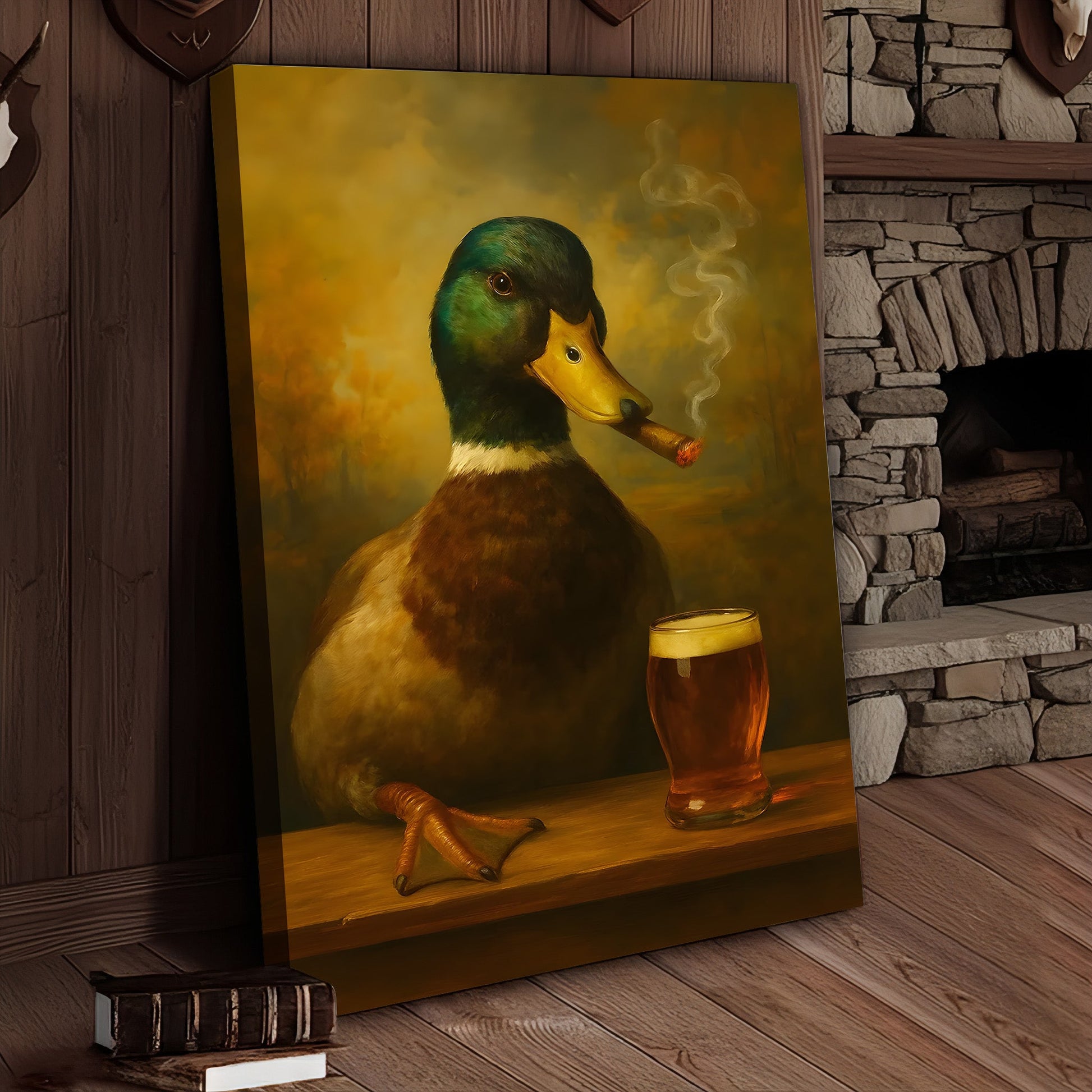 Funny Mallard Duck Smoking & Drinking Cocktail Glasses Canvas Wall Art - Rustic Hunting Perfect Gift for Hunters & Cockt