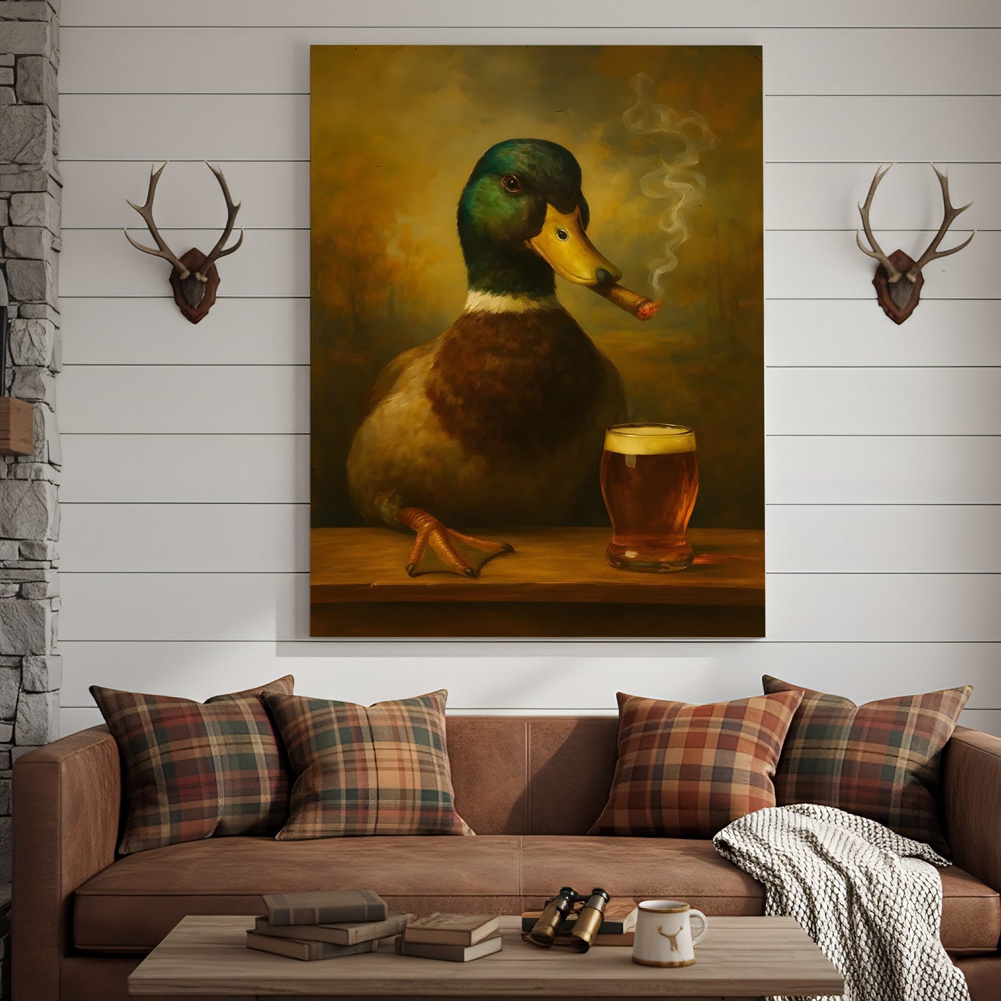 Funny Mallard Duck Smoking & Drinking Cocktail Glasses Canvas Wall Art - Rustic Hunting Perfect Gift for Hunters & Cockt