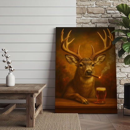 Muke Deer With Smoking & Cocktail Glasses Canvas – Funny Hunting Lodge Wall Art Perfect Gift for Hunters & Cocktail Glas