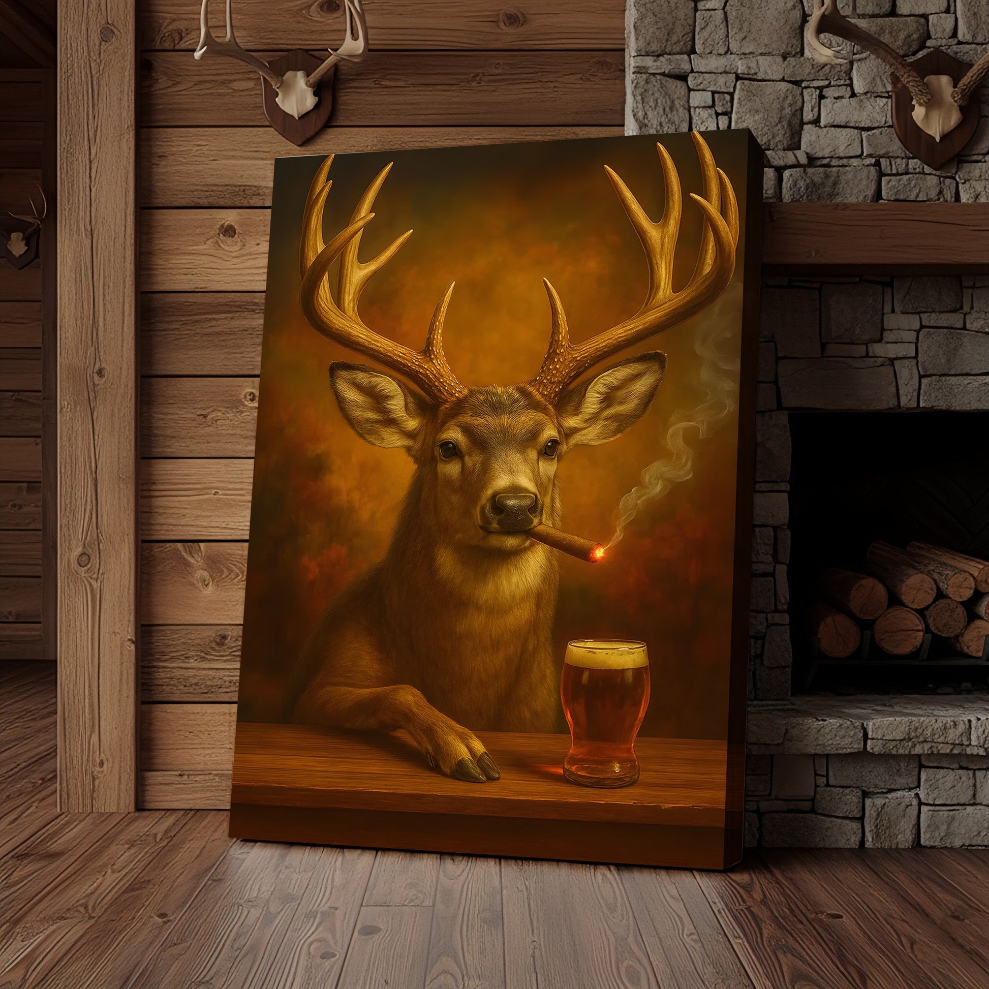 Muke Deer With Smoking & Cocktail Glasses Canvas – Funny Hunting Lodge Wall Art Perfect Gift for Hunters & Cocktail Glas
