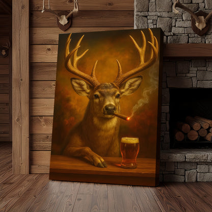 Muke Deer With Smoking & Cocktail Glasses Canvas – Funny Hunting Lodge Wall Art Perfect Gift for Hunters & Cocktail Glas